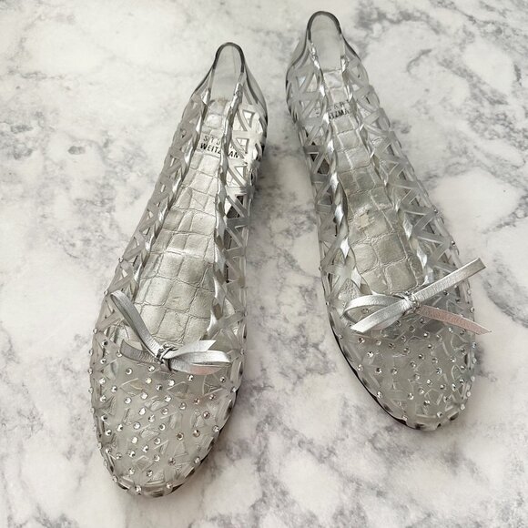 Stuart Weitzman Jellystone Clear Jelly Rhinestone Ballet Flats Silver - Picture 2 of 13